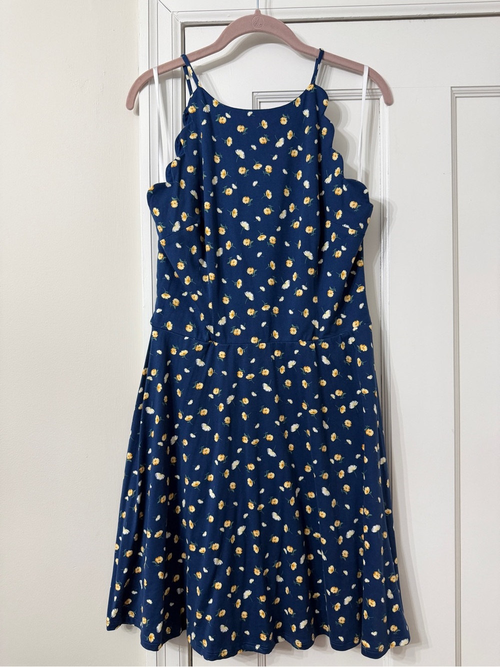 Navy Floral Scallop-Edge Mini Dress with Yellow Print